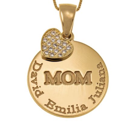 Engraved Mom Disc Necklace with Inlay Heart in 18K Gold Plating