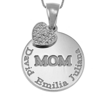 Engraved Mom Disc Necklace with Inlay Heart in 925 Sterling Silver