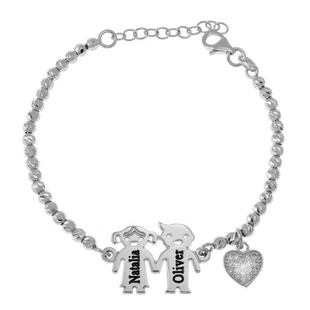 Engraved Children Bead Bracelet with Inlay Heart in 925 Sterling Silver