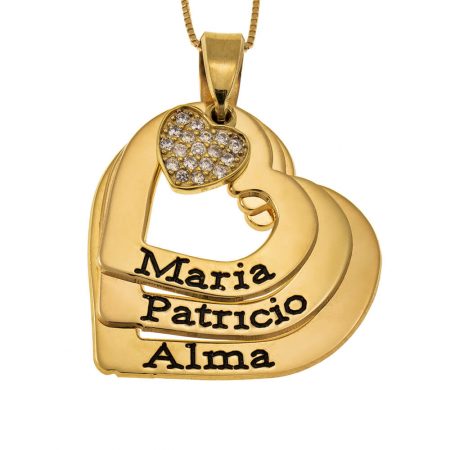 Engraved Hearts Names Necklace With Inlay Heart in 18K Gold Plating
