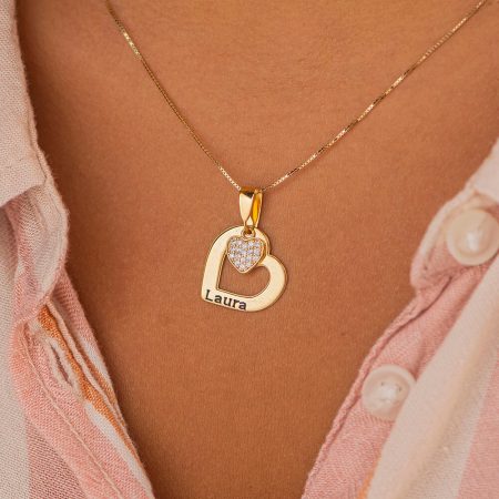 Engraved Hearts Names Necklace With Inlay Heart-5