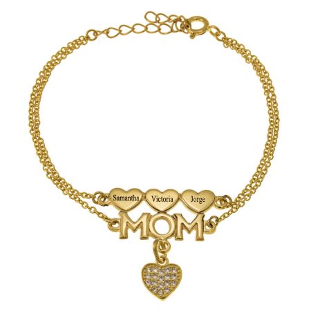 Mom Double Chain Bracelet with Hearts and Inlay Heart in 18K Gold Plating