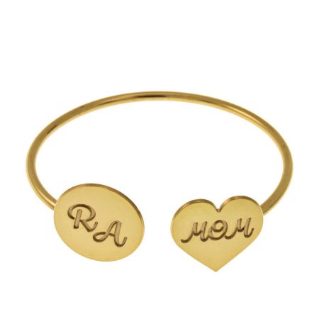 Open Bangle with Mom Heart and Disc in 18K Gold Plating