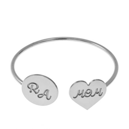 Open Bangle with Mom Heart and Disc in 925 Sterling Silver