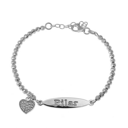 Oval Name Bead Bracelet with Inlay Heart Pendant in 925 Sterling Silver