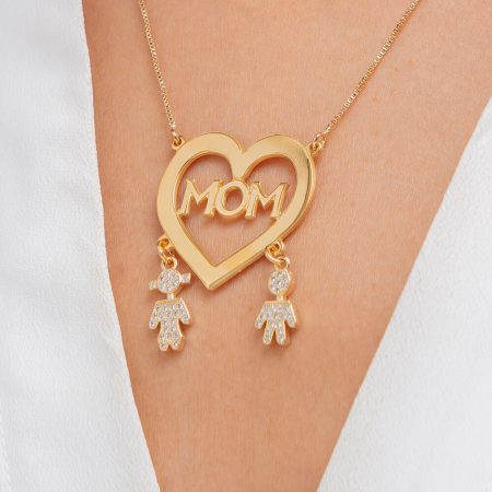 Mom Heart Necklace With Inlay Kids-2