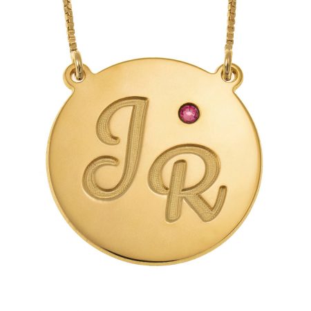 Engraved Disc Initials Necklace With Birthstone in 18K Gold Plating