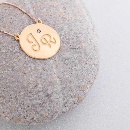 Engraved Disc Initials Necklace With Birthstone-3