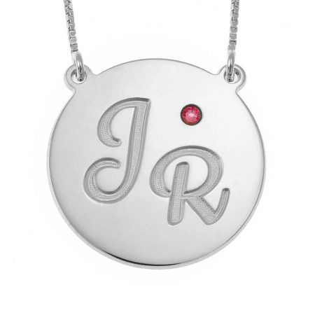 Engraved Disc Initials Necklace With Birthstone in 925 Sterling Silver
