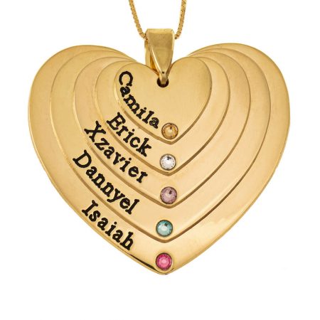 Five Layers Engraved Hearts Mother Necklace With Birthstones in 18K Gold Plating