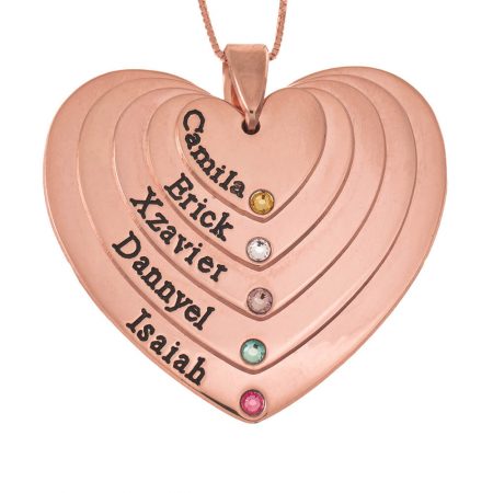 Five Layers Engraved Hearts Mother Necklace With Birthstones in 18K Rose Gold Plating