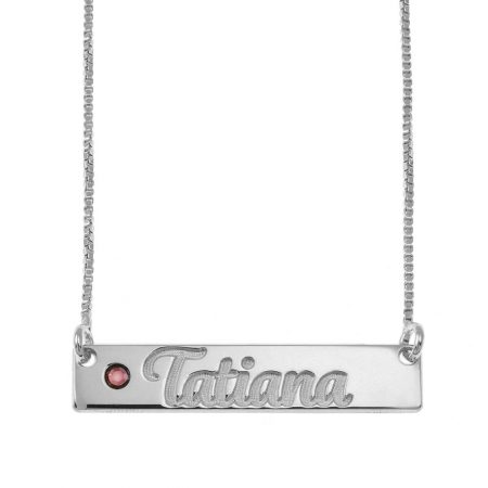 Engraved Bar Name Necklace With Birthstone in 925 Sterling Silver