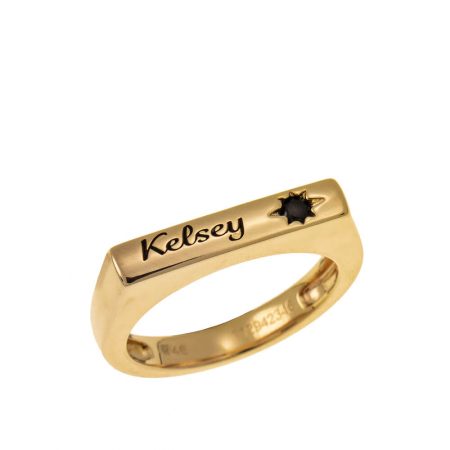 Stackable Bar Name Ring With Black Stone in 18K Gold Plating