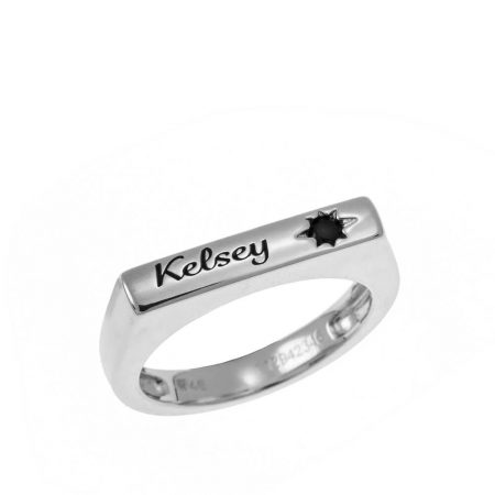 Stackable Bar Name Ring With Black Stone in 925 Sterling Silver