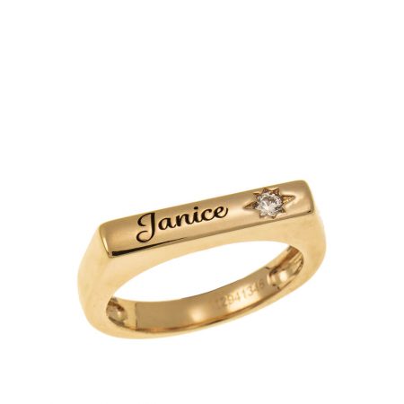 Stackable Bar Name Ring With White Stone in 18K Gold Plating