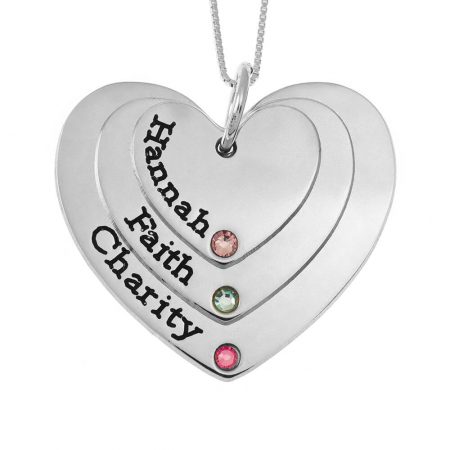 Heart Necklace with Birthstones and Names in 925 Sterling Silver