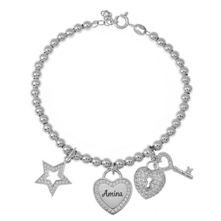 Bead Name Bracelet with Charms in 925 Sterling Silver