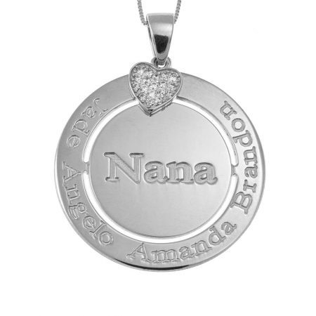 Engraved Circle Nana Necklace with Inlay Heart in 925 Sterling Silver