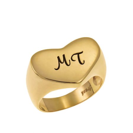 Two Initials Heart Signet Ring in 18K Gold Plating