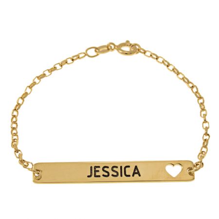 Bar Name and Cut Out Heart Bracelet in 18K Gold Plating