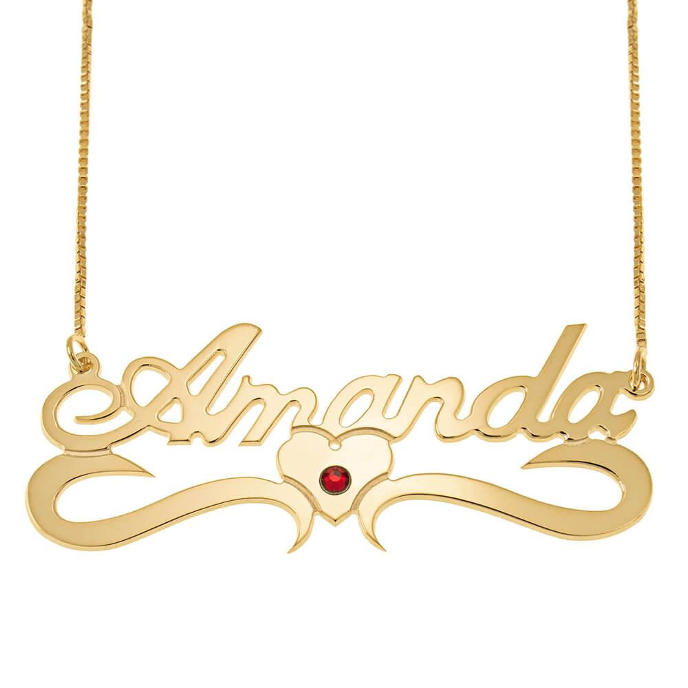 Middle Heart Name Necklace with Birthstone in 14K Solid Yellow Gold |  JOYAMO - Personalized Jewelry
