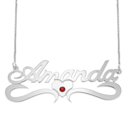 Middle Heart Name Necklace with Birthstone in 925 Sterling Silver
