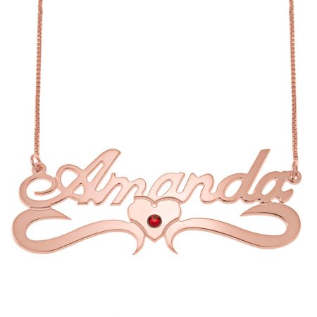 Middle Heart Name Necklace with Birthstone in 18K Rose Gold Plating