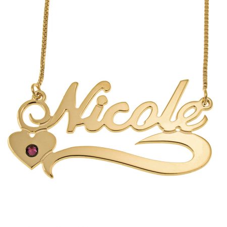 Name Necklace With Heart and Birthstone in 18K Gold Plating