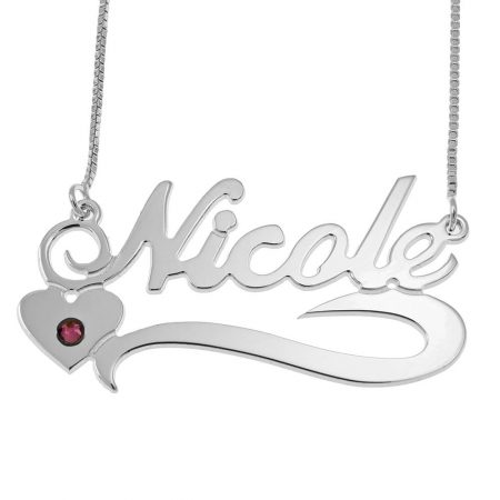 Name Necklace With Heart and Birthstone in 925 Sterling Silver