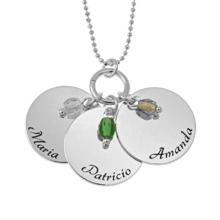 Mother’s Three Disc and Birthstone Necklace in 925 Sterling Silver