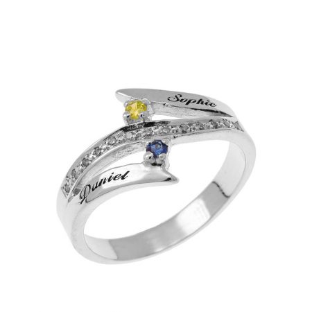 Engraved Two Birthstones Inlay Ring