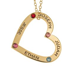 Family Heart Pendant with Names and Birthstones gold