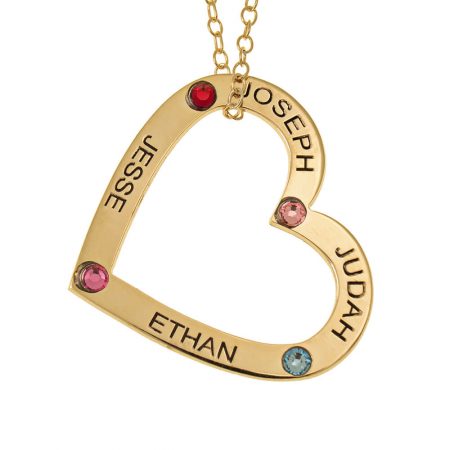 Personalized Family Heart Pendant with Names and Birthstones in 18K Gold Plating