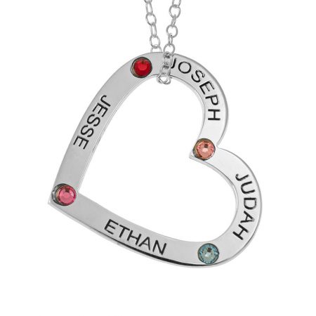 Family Heart Pendant with Names and Birthstones
