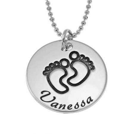 Engraved Footprints Disc Necklace in 925 Sterling Silver