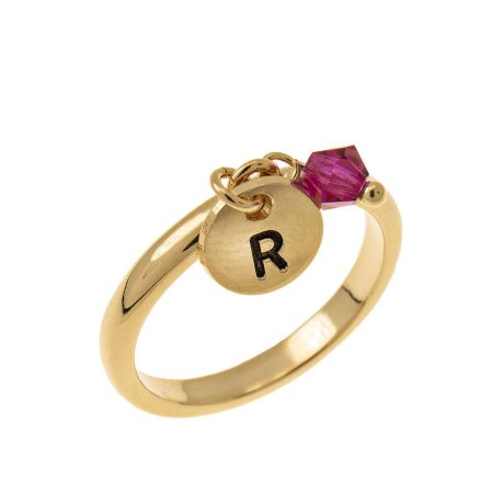 Initial Disc Charm Ring with Birthstone in 18K Gold Plating