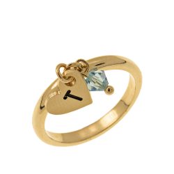 Initial Heart Charm Ring with Birthstone