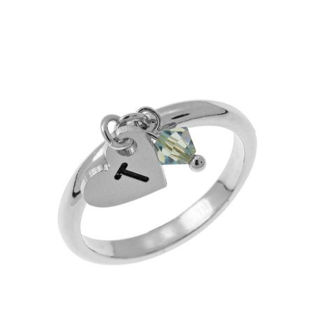 Initial Heart Charm Ring with Birthstone in 925 Sterling Silver
