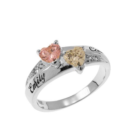 Inlay Double Heart Birthstone Ring