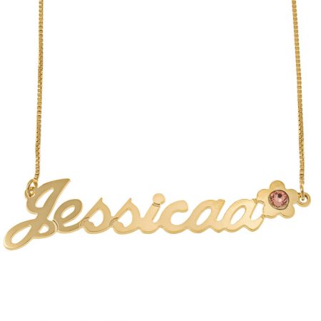 Jessica Name Necklace with Birthstone & Flower in 18K Gold Plating