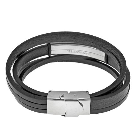 Black Leather Layers Bracelet with Engraving-1 in 316 Stainless Steel