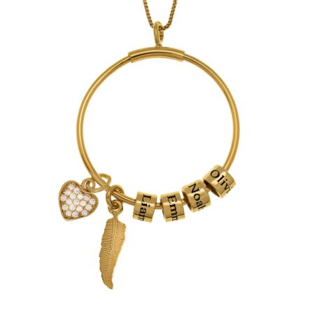 Circle Necklace with Name Beads, Feather and Inlay Heart in 18K Gold Plating