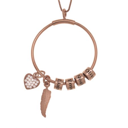Circle Necklace with Name Beads, Feather and Inlay Heart in 18K Rose Gold Plating