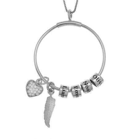 Circle Necklace with Name Beads, Feather and Inlay Heart in 925 Sterling Silver