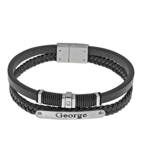 Inlay Black Leather Layers Bracelet in 925 Sterling Silver