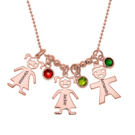 Mother’s Necklace with Children Charms and Birthstones in 18K Rose Gold Plating