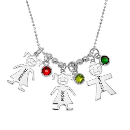 Mother’s Necklace with Children Charms and Birthstones in 925 Sterling Silver