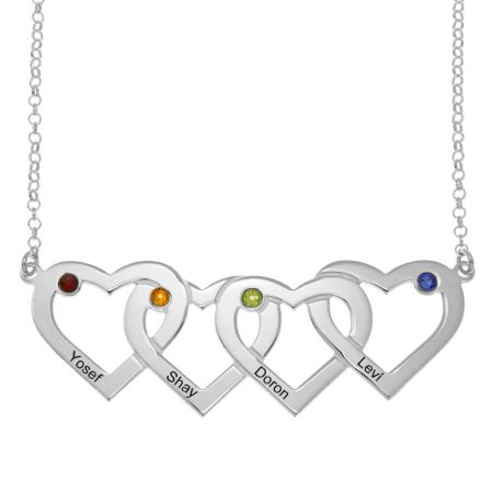 Personalized Four Intertwined Hearts and Birthstones Necklace in 925 Sterling Silver