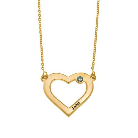 Engraved Heart and Birthstone Necklace in 18K Gold Plating