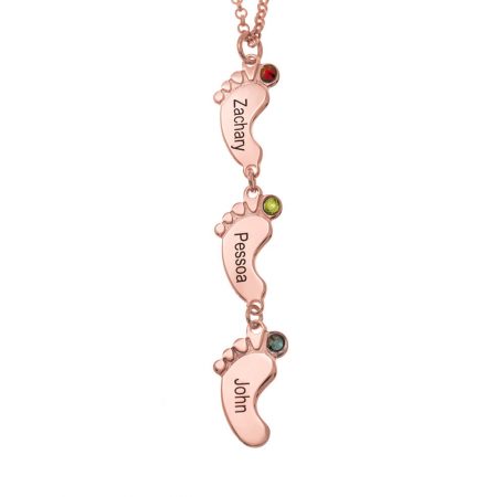 Vertical Baby Feet Necklace with Birthstones in 18K Rose Gold Plating